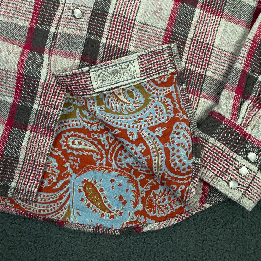 RRL Ralph Lauren Plaid Double Cloth Western Shirt Mens Large Flannel Pearl snap - Picture 2 of 9